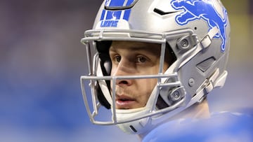 DETROIT, MICHIGAN - JANUARY 14: Jared Goff #16 of the Detroit Lions looks on during the third quarter against the Los Angeles Rams in the NFC Wild Card Playoffs at Ford Field on January 14, 2024 in Detroit, Michigan.   Gregory Shamus/Getty Images/AFP (Photo by Gregory Shamus / GETTY IMAGES NORTH AMERICA / Getty Images via AFP)