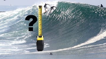 Metro midiendo una ola grande con dos surfistas en el pico.