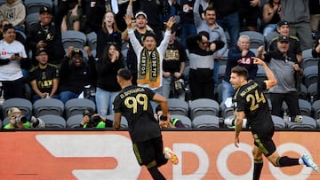 Oct 28, 2023; Los Angeles, CA, USA; Los Angeles FC midfielder Ryan Hollingshead (24) celebrates scoring a goal against the Vancouver Whitecaps FC in the first half of game one in a round one match of the 2023 MLS Cup Playoffs at BMO Stadium. Mandatory Credit: Jon Durr-USA TODAY Sports