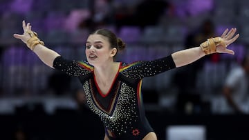 Artistic Gymnastics - 2025 World Artistic Gymnastics Championships - Women's Artistic Gymnastics - Qualifications - Indonesia Arena, Jakarta, Indonesia - October 21, 2025 Romania's Denisa Golgota in action during her floor exercise REUTERS/Ajeng Dinar Ulfiana