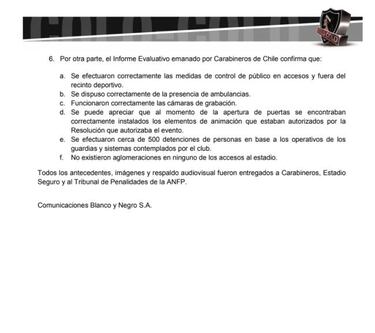 La defensa de Colo Colo ante el duro informe de Carabineros