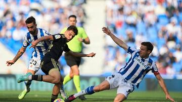 Gabri Veiga of RC Celta and Asier Illarramendi of Real Sociedad during the La Liga match between Real Sociedad and RC Celta played at Reale Arena Stadium on February 18, 2023 in San Sebastian, Spain. (Photo by Cesar Ortiz / Pressinphoto / Icon Sport)