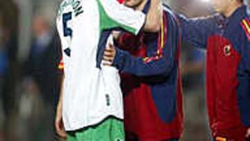 Stauton se despide de Raúl tras el partido de octavos de final entre Irlanda y España.