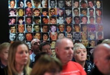 Photographs of the 96 victims of The Hillsborough disaster are displayed on the wall as family members attend a Hillsborough Justice Campaign Press Conference in Warrington, 26th April 2016.