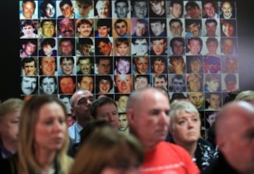 Photographs of the 96 victims of The Hillsborough disaster are displayed on the wall as family members attend a Hillsborough Justice Campaign Press Conference in Warrington, 26th April 2016.