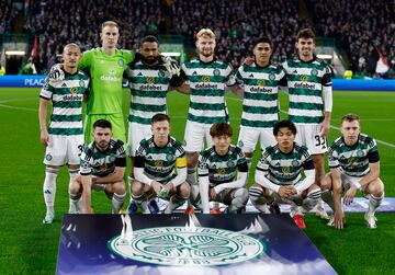 Oncel inicial del Celtic. Daizen Maeda, Joe Hart, Cameron Carter-Vickers, Liam Scales, Luis Palma, Matt O'Riley, Greg Taylor, Callum McGregor, Kyogo Furuhashi, Reo Hatate, Alistair Johnston.