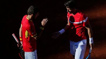 Tennis - Davis Cup - First Round - Spain vs Great Britain - Club de Tenis Puente Romano, Marbella, Spain - February 3, 2018 Spain's Pablo Carreno Busta and Feliciano Lopez celebrate during their doubles match against Great Britain's Dominic In