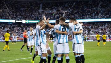 Argentina's Julian Alvarez (C) celebrates his goal with teammates during the international friendly football match between Argentina and Jamaica at Red Bull Arena in Harrison, New Jersey, on September 27, 2022. (Photo by Andres Kudacki / AFP)