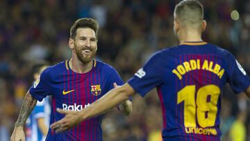 Messi celebra uno de sus goles al Espanyol.