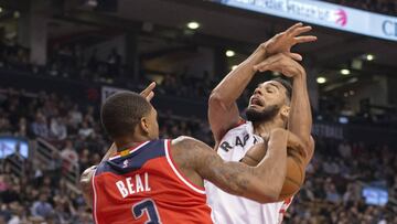 Mar 1, 2017; Toronto, Ontario, CAN; Toronto Raptors guard Cory Joseph (6) drives to the basket as Washington Wizards guard Bradley Beal (3) defends during the third quarter in a game at Air Canada Centre. The Washington Wizards won 105-96. Mandatory Credit: Nick Turchiaro-USA TODAY Sports