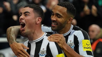 Newcastle United's Miguel Almiron (left) celebrates scoring their side's fourth goal of the game with team-mate Callum Wilson during the Premier League match at St. James' Park, Newcastle. Picture date: Saturday October 29, 2022. (Photo by Owen Humphreys/PA Images via Getty Images)