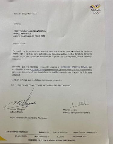 Bernardo Baloyes, baja para Colombia en atletismo