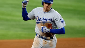 Jul 22, 2023; Arlington, Texas, USA; Los Angeles Dodgers first baseman Freddie Freeman (5) celebrates after hitting a two run hime run against the Texas Rangers in the fourth inning at Globe Life Field. Mandatory Credit: Tim Heitman-USA TODAY Sports