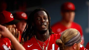 LOS ANGELES, CALIFORNIA - JULY 29: Elly De La Cruz #44 of the Cincinnati Reds celebrates a run against the Los Angeles Dodgers in the sixth inning at Dodger Stadium on July 29, 2023 in Los Angeles, California. Ronald Martinez/Getty Images/AFP (Photo by RONALD MARTINEZ / GETTY IMAGES NORTH AMERICA / Getty Images via AFP)