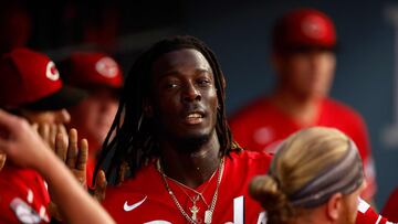 LOS ANGELES, CALIFORNIA - JULY 29: Elly De La Cruz #44 of the Cincinnati Reds celebrates a run against the Los Angeles Dodgers in the sixth inning at Dodger Stadium on July 29, 2023 in Los Angeles, California.   Ronald Martinez/Getty Images/AFP (Photo by RONALD MARTINEZ / GETTY IMAGES NORTH AMERICA / Getty Images via AFP)