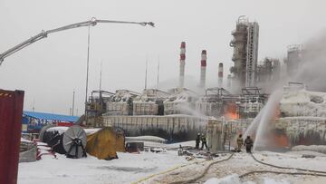 Firefighters work to extinguish fire at a terminal belonging to Novatek, Russia's largest liquefied natural gas producer, in the port of Ust-Luga, Russia, January 21, 2024. Head of Administration of Kingiseppsky District of Leningrad Region Yuri Zapalatsky Telegram channel via REUTERS ATTENTION EDITORS - THIS IMAGE HAS BEEN SUPPLIED BY A THIRD PARTY. NO RESALES. NO ARCHIVES. MANDATORY CREDIT.