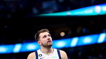 Jan 18, 2023; Dallas, Texas, USA;  Dallas Mavericks guard Luka Doncic (77) reacts during the first quarter against the Atlanta Hawks at American Airlines Center. Mandatory Credit: Kevin Jairaj-USA TODAY Sports