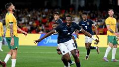 Ecuador's William Pacho (C) celebrates after scoring a goal during the football match between Australia and Ecuador at the Docklands Stadium in Melbourne on March 28, 2023. (Photo by William WEST / AFP) / --IMAGE RESTRICTED TO EDITORIAL USE - STRICTLY NO COMMERCIAL USE-- (Photo by WILLIAM WEST/AFP via Getty Images)