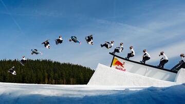 Jakub Hrones performs World's First Switch Boardslide Triple 1170 Out Of Rail session in Spindleruv Mlyn, Czech Republic on 20th March, 2024 // Dan Vojtech / Red Bull Content Pool // SI202403280148 // Usage for editorial use only //