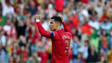 Cristiano Ronaldo of Portugal celebrates after William Carvalho scores a goal during the UEFA Nations League, league A group 2 match between Portugal and Switzerland at the Jose Alvalade stadium in Lisbon, Portugal, on June 5, 2022. (Photo by Pedro Fiúza/NurPhoto via Getty Images)