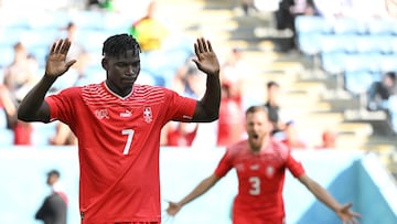 Switzerland's forward #07 Breel Embolo celebrates scoring his team's first goal during the Qatar 2022 World Cup Group G football match between Switzerland and Cameroon at the Al-Janoub Stadium in Al-Wakrah, south of Doha on November 24, 2022. (Photo by FABRICE COFFRINI / AFP)