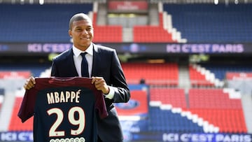 Kylian Mbappé holds his PSG shirt during his presentation at the Parc des Princes stadium in 2017.