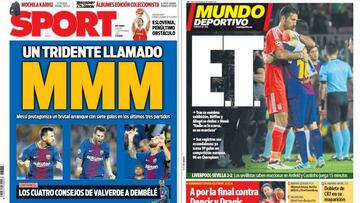 Portadas de los diarios Sport y Mundo Deportivo del d&iacute;a 14 de septiembre de 2017.