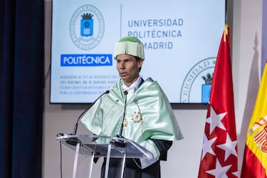 Rafa Nadal pronuncia su discurso tras ser investido Doctor Honoris Causa en el Rectorado de la Universidad Politécnica de Madrid.