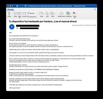 Uno de los emails usados en campañas de Sextorsión
