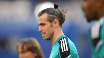 Gareth Bale looks on during a Real Madrid training session at Stade de France on May 27, 2022 in Paris, France.