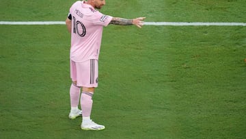 Jul 25, 2023; Fort Lauderdale, FL, USA; Inter Miami CF forward Lionel Messi (10) celebrates after scoring against Atlanta United during the first half at DRV PNK Stadium. Mandatory Credit: Nathan Ray Seebeck-USA TODAY Sports