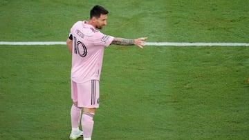 Jul 25, 2023; Fort Lauderdale, FL, USA; Inter Miami CF forward Lionel Messi (10) celebrates after scoring against Atlanta United during the first half at DRV PNK Stadium. Mandatory Credit: Nathan Ray Seebeck-USA TODAY Sports