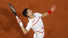 PARIS, FRANCE - SEPTEMBER 29: Novak Djokovic of Serbia serves during his Men&#039;s Singles first round match against Mikael Ymer of Sweden on day three of the 2020 French Open at Roland Garros on September 29, 2020 in Paris, France. (Photo by Clive Brunskill/Getty Images)