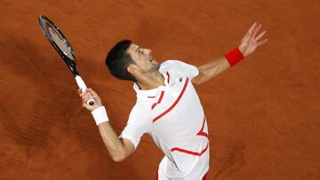 PARIS, FRANCE - SEPTEMBER 29: Novak Djokovic of Serbia serves during his Men's Singles first round match against Mikael Ymer of Sweden on day three of the 2020 French Open at Roland Garros on September 29, 2020 in Paris, France. (Photo by Clive Brunskill/Getty Images)