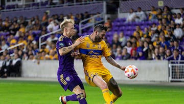 Mar 5, 2024; Orlando, FL, USA; Tigres UNAL forward Andre-Pierre Gignac (10) and Orlando City midfielder Dagur Dan Thorhallsson (17) battle for the ball in the second half at INTER& CO Stadium. Mandatory Credit: Morgan Tencza-USA TODAY Sports