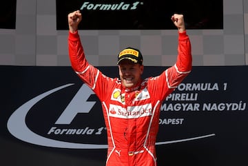 Sebastian Vettel con los brazos en alto tras la carrera del GP de Hungr¨ªa.