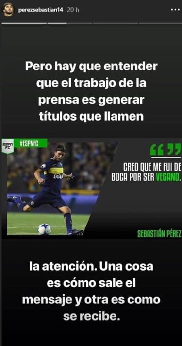 Pérez niega haber dicho que se fue de Boca por ser vegano
