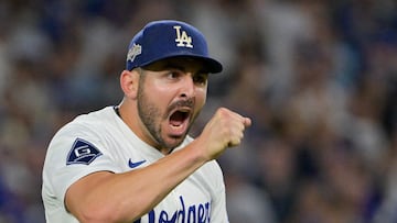 Oct 1, 2025; Los Angeles, California, USA; Los Angeles Dodgers relief pitcher Alex Vesia (51) celebrates after throwing against the Cincinnati Reds in the eighth inning during game two of the Wildcard round for the 2025 MLB playoffs at Dodger Stadium. Mandatory Credit: Jayne Kamin-Oncea-Imagn Images