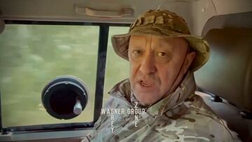 Yevgeny Prigozhin, chief of Russian private mercenary group Wagner, gives an address in camouflage inside a vehicle at an unknown location, in this still image taken from video possibly shot in Africa and published August 31, 2023. Courtesy Grey Zone via Telegram via REUTERS ATTENTION EDITORS - THIS IMAGE WAS PROVIDED BY A THIRD PARTY. NO RESALES. NO ARCHIVES. MANDATORY CREDIT. WATERMARK FROM SOURCE.