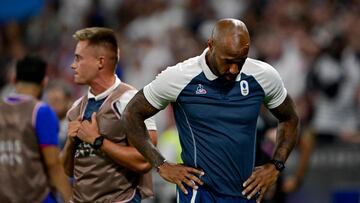 France's coach Thierry Henry reacts during the men's semi-final football match between France and Egypt during the Paris 2024 Olympic Games at the Lyon Stadium in Lyon on August 5, 2024. (Photo by Olivier CHASSIGNOLE / AFP)