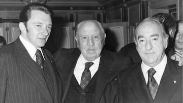 Santiago Bernabéu, Vicente Calderón y Agustín Montal, expresidentes de Madrid, Atleti y Barça.