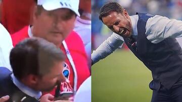 Gareth Southgate se encuentra con su clon en el partido de Inglaterra frente a Suecia.