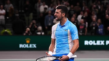 Serbia's Novak Djokovic celebrates after winning his men's singles semi-final match against Andrey Rublev