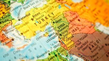 close-up macro photograph of map Syria Jordan and Turkey .Selective focus