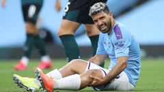 Manchester City&#039;s Sergio Ag&uuml;ero reacts after sustaining an injury. 