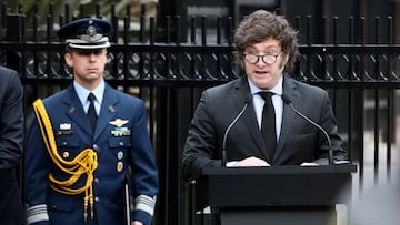 Argentina's President Javier Milei speaks during a ceremony to honour victims of the 1982 war between Britain and Argentina in the Falkland Islands, known to Argentines as Malvinas, at a war memorial with names of killed Argentinian soldiers, marking the 42nd anniversary of the conflict, in Buenos Aires, Argentina, April 2, 2024. REUTERS/Agustin Marcarian