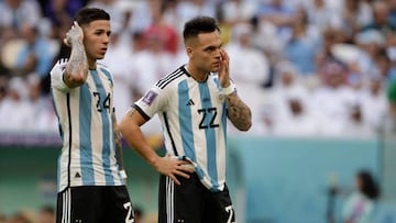 LUSAIL CITY, QATAR - NOVEMBER 22: Lautaro Martinez of Argentina and Enzo Fernandez of Argentina after the FIFA World Cup Qatar 2022 Group C match between Argentina and Saudi Arabia at Lusail Stadium on November 22, 2022 in Lusail City, Qatar. (Photo by Richard Sellers/Getty Images)