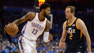Apr 15, 2018; Oklahoma City, OK, USA; Oklahoma City Thunder forward Paul George (13) moves to the basket in front of Utah Jazz forward Joe Ingles (2) during the first quarter in game one of the first round of the 2018 NBA Playoffs at Chesapeake Energy Arena. Mandatory Credit: Mark D. Smith-USA TODAY Sports