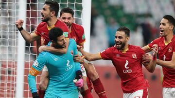 Soccer Football - Club World Cup - Third Place Play Off - Al Ahly v Palmeiras - Education City Stadium, Al Rayyan, Qatar - February 11, 2021 Al Ahly's Mohamed El-Shenawy, Ayman Ashraf, Yasser Ibrahim, Mohamed Sherif and Amr Al Sulaya celebrate winnin