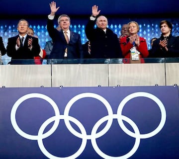 UN Secretary General Ban Ki-Moon, Vladimir Putin and IOC President Thomas Bach during the Opening Ceremony of the Sochi 2014 Games.